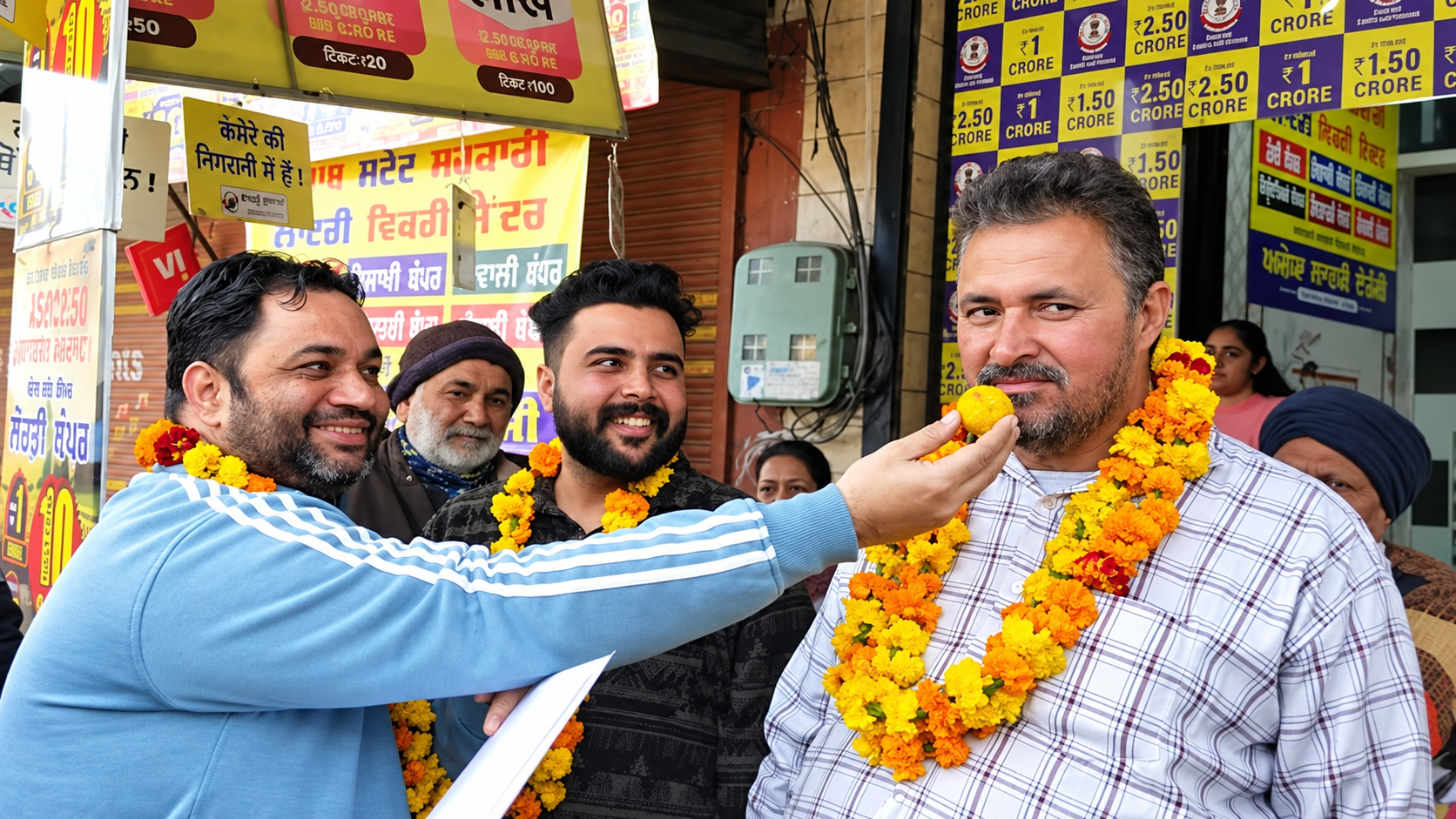 People celebrating outside a Punjab lottery ticket shop