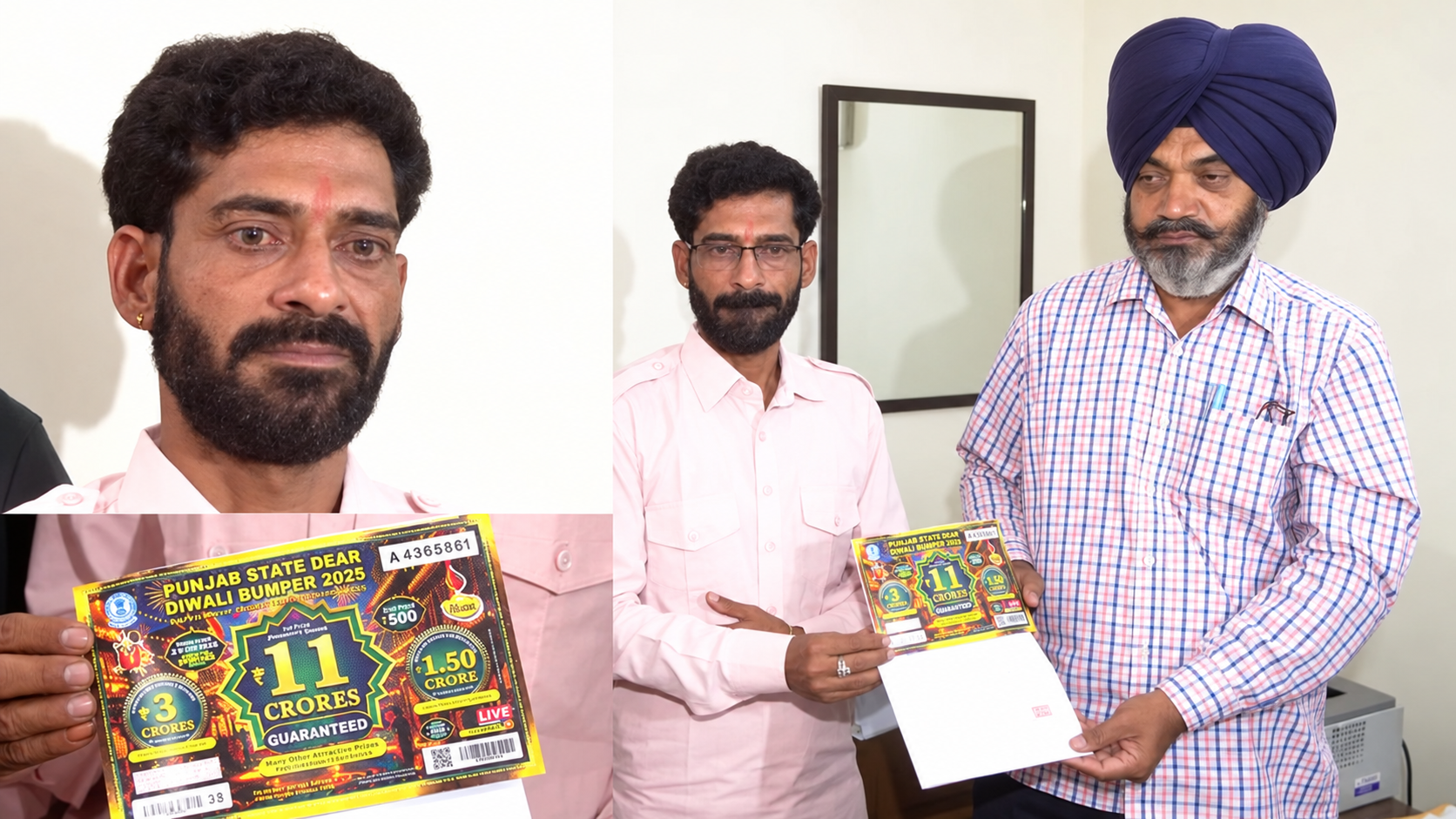 Composite photo of people holding a Punjab State Dear Diwali Bumper ticket